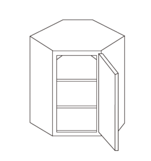 Line drawing of a corner cabinet with an open door and three shelves inside.